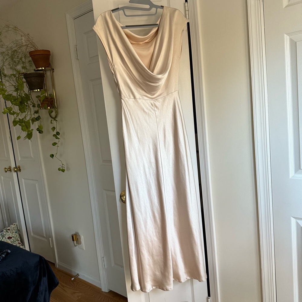Hello Molly Champagne Gold Cream Satin Dress Size 6 Low Back Midi - Picture 6 of 8